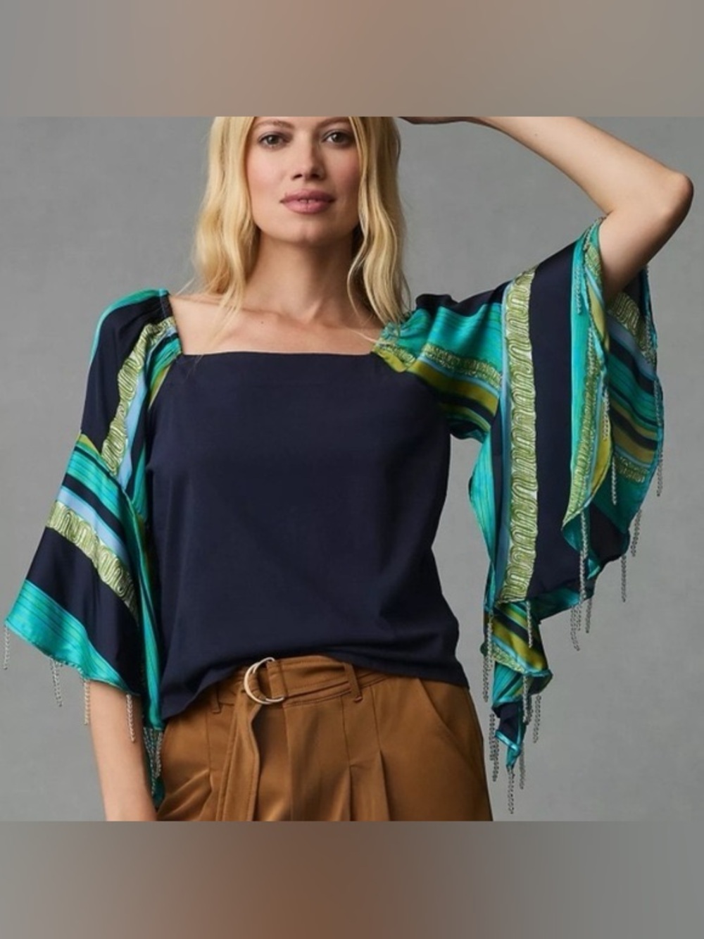 TINY Anthropologie Silky Scarf Sleeve Blouse with Beaded Hem Boho Festival Top S
